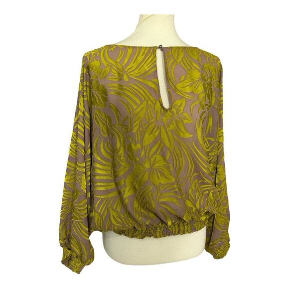 Cynthia Vincent Velvet Tropical Boho Artsy Top Large Blouse Peasant Neon Citron - Picture 1 of 10